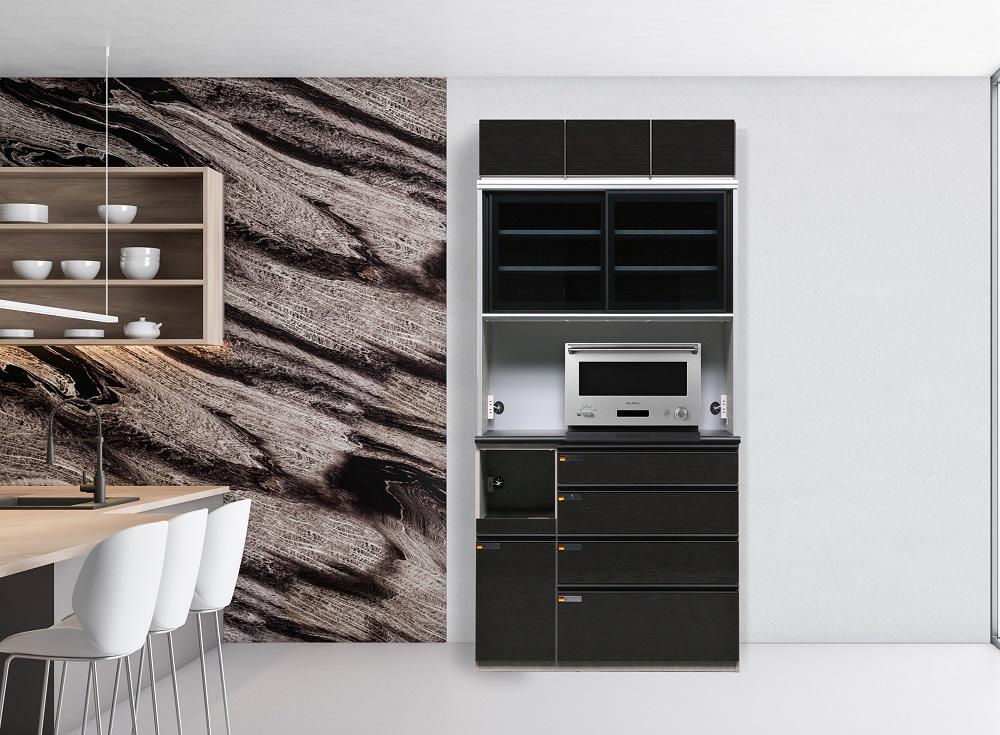 （ブラック木目）【開梱設置】 オッド キッチンボード 幅110cm 上置き付 耐震 引き戸 食器棚 オープンボード 完成品 カップボード ダイニングボード 110幅 大川家具