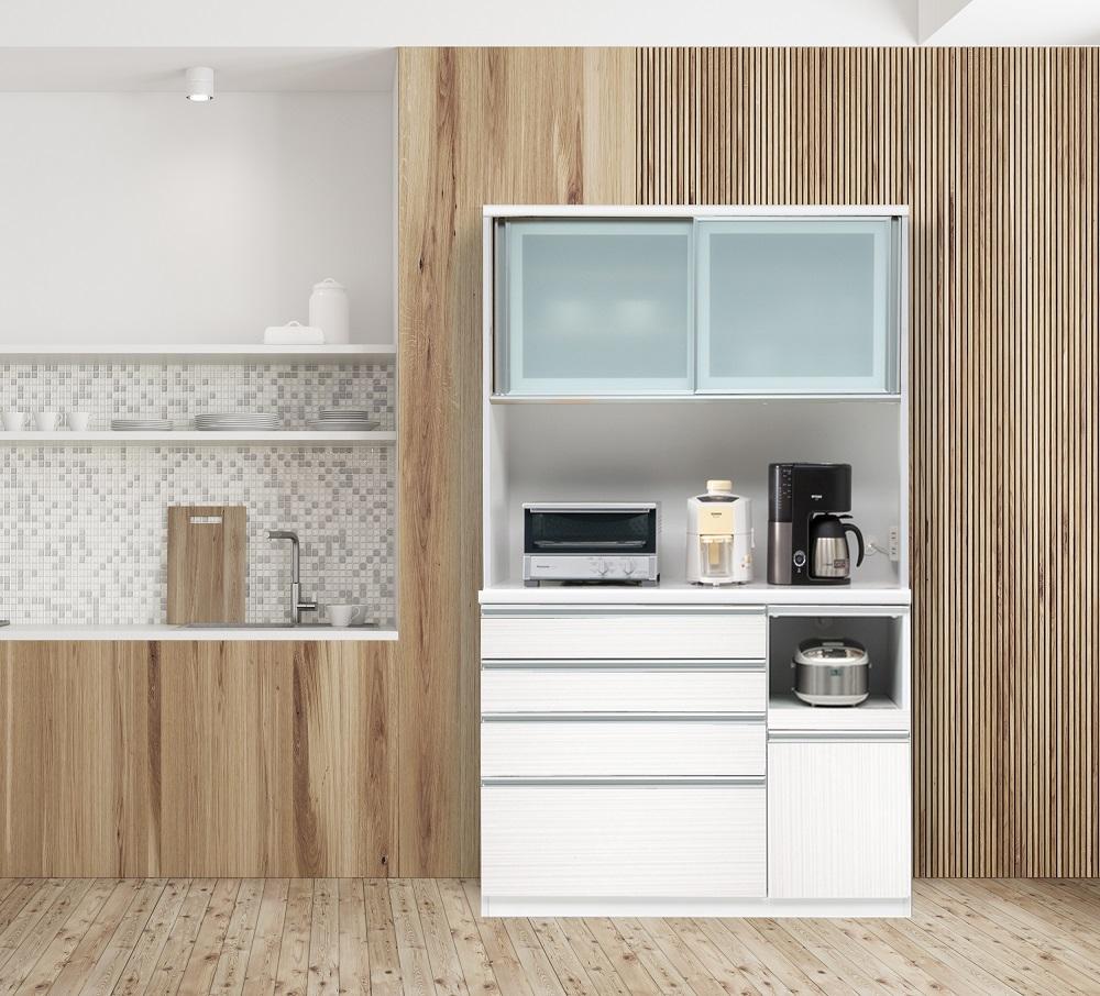 (ホワイト柾目)【開梱設置】サフラン キッチンボード 幅120cm キッチンボード 引き戸 食器棚 オープンボード 完成品 カップボード ダイニングボード 120幅 大川家具