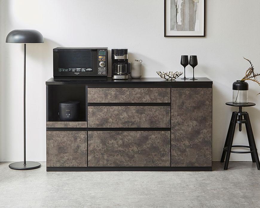 【開梱設置】キッチンカウンター レンジ台 アンサンブル 幅159.2cm 黒洛