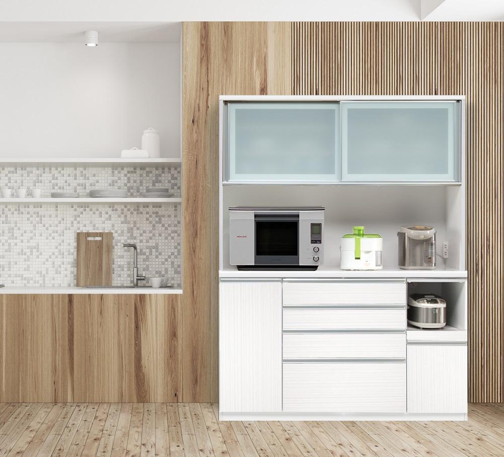 (ホワイト柾目)【開梱設置】サフラン キッチンボード 幅150cm キッチンボード 引き戸 食器棚 オープンボード 完成品 カップボード ダイニングボード 150幅 大川家具