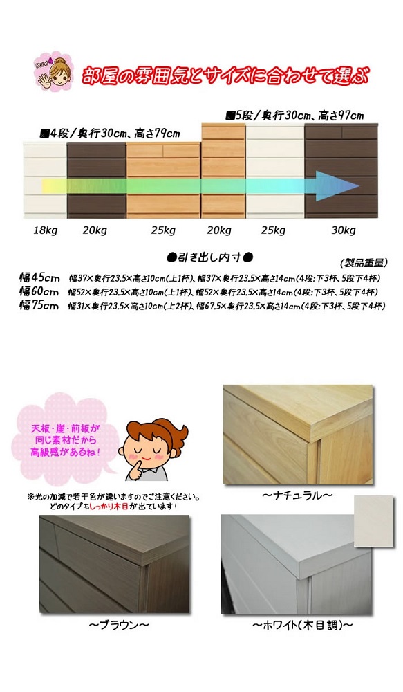 【洗面所などの限られた空間に便利】薄型チェスト 75cm幅2段 (ナチュラル木目)