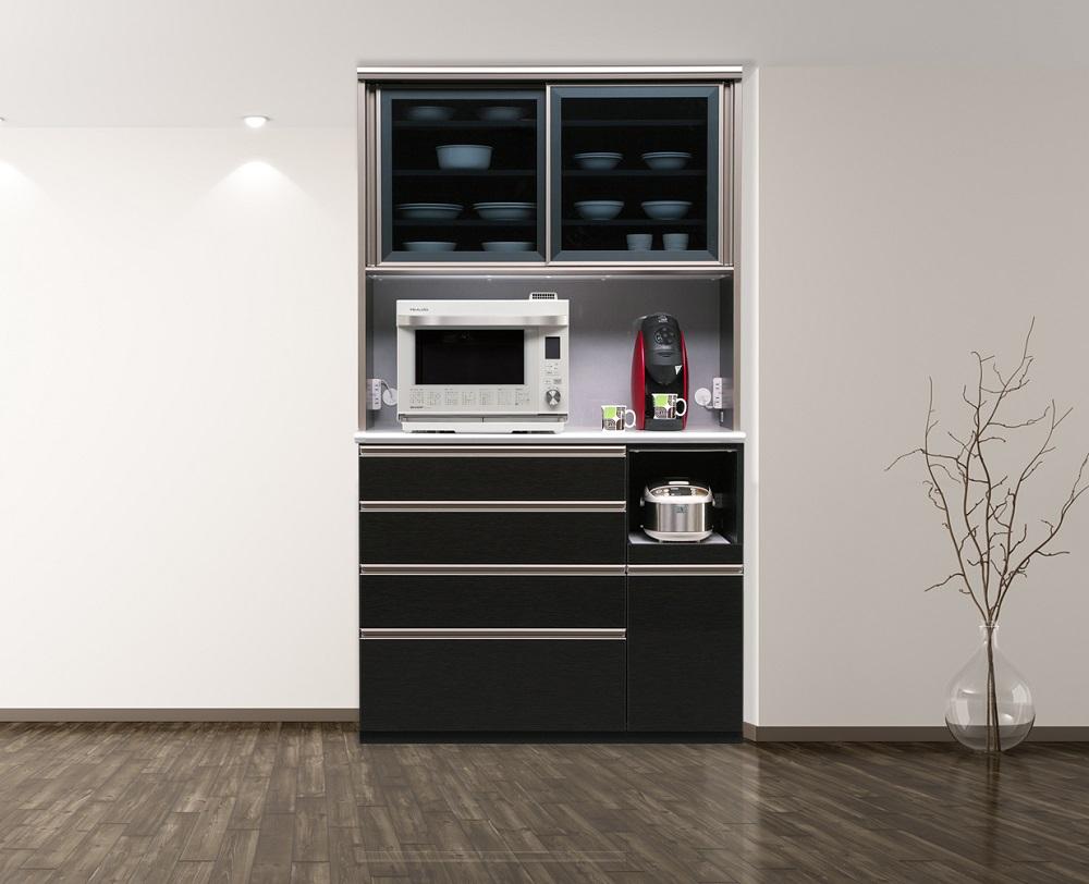 （ブラック木目）【開梱設置】 レガシー キッチンボード 幅120cm 耐震 引き戸 食器棚 モイス カップボード 完成品 ダイニングボード スリム キッチン収納 大川家具