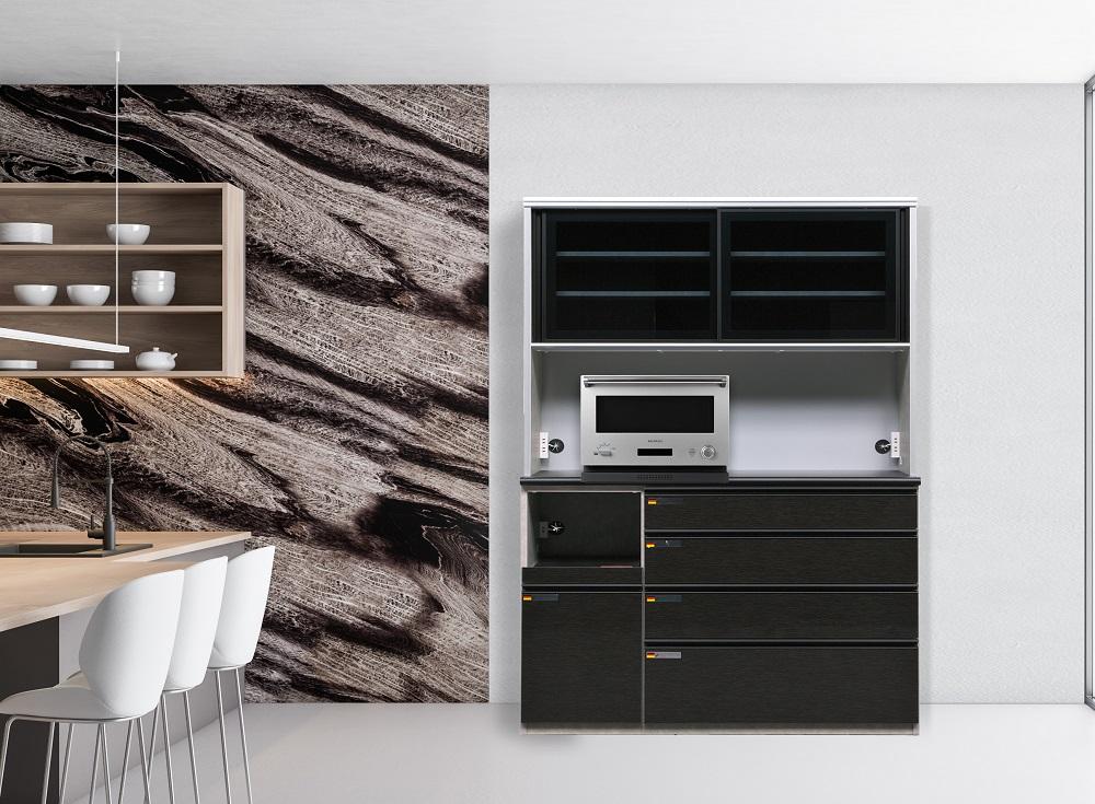 （ブラック木目）【開梱設置】 オッド キッチンボード 幅150cm 耐震 引き戸 食器棚 オープンボード 完成品 カップボード ダイニングボード 150幅 大川家具