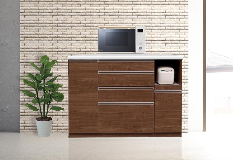 （ブラウン）【開梱設置】 セイント キッチンカウンター キッチン収納 幅140cm ハイタイプ レンジ台 完成品 大型レンジ対応 大川家具