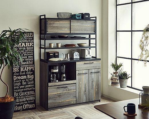 【開梱設置】食器棚 レンジ台 アイン 上台引き戸タイプ 幅119.7cm ブルックリン キッチンボード キッチン収納 おしゃれ 家具 大川家具 幅120cm 収納家具 棚 アイアンフレーム