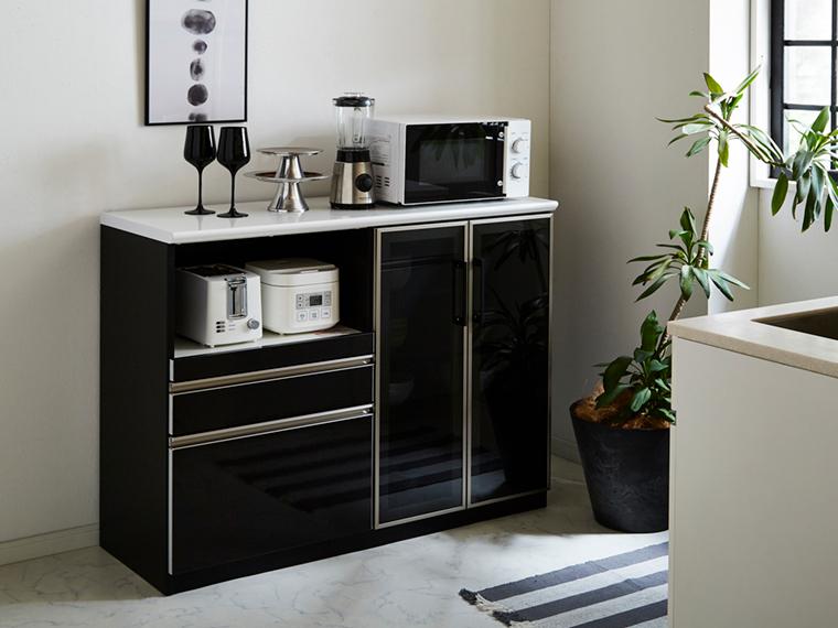 （ブラック木目）【開梱設置】 ゼブラ キッチンカウンター 幅120cm キッチン収納 レンジ台 完成品 大型レンジ対応 ブラック スライド 大川家具 日本製