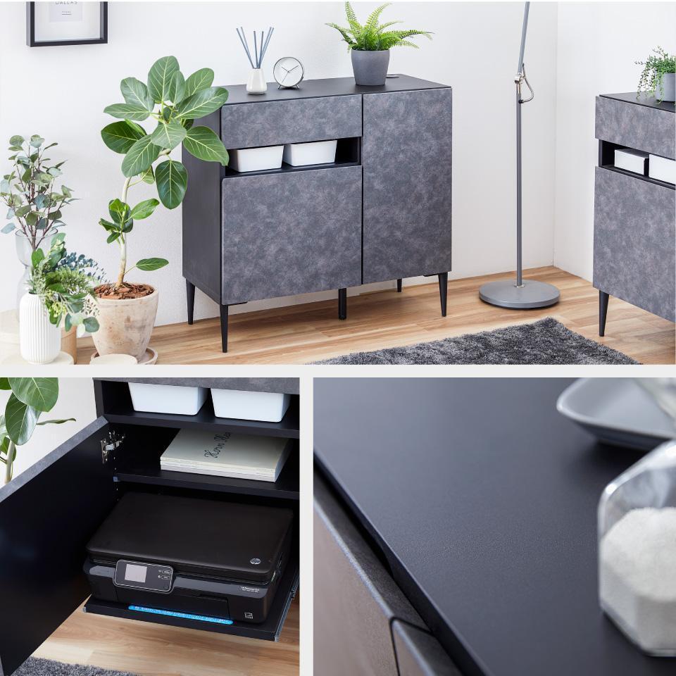 サイドボード 90cm リード ＜ グレー×ブラック＞【モーブル】【大川家具】