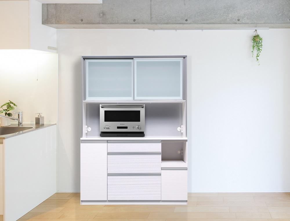 （ホワイト柾目）【開梱設置】 クロノス キッチンボード 幅140cm キッチンボード 引き戸 食器棚 オープンボード 完成品 カップボード ダイニングボード 120幅 大川家具