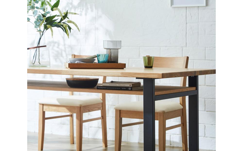 【大川家具】無垢材 ダイニングテーブル (棚付き) 食卓テーブル 4人掛け 幅1800mm 奥行800mm ホワイトオーク 天然木 国産 日本製 鉄脚 開梱設置便 高級感 インダストリアル【設置付き】