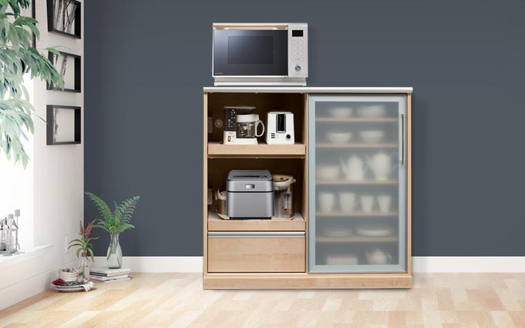 （ナチュラル）【開梱設置】 スパーク キッチンカウンター 幅120cm キッチン収納 レンジ台 完成品 大型レンジ対応 完成品幅 スライド 大川家具