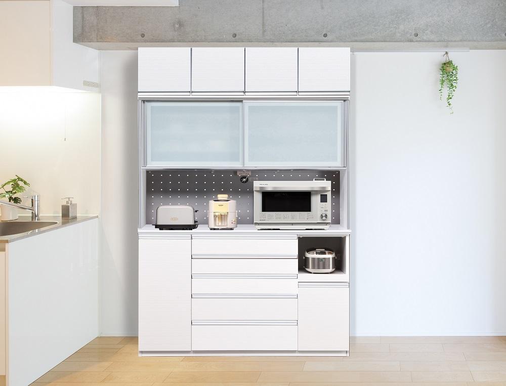 （ホワイト柾目）【開梱設置】 シャロン オープンボード 上置き付 幅160cm 引き戸 食器棚 キッチンボード 完成品 カップボード キッチン収納 家電収納 ダイニングボード 160幅 大川家具