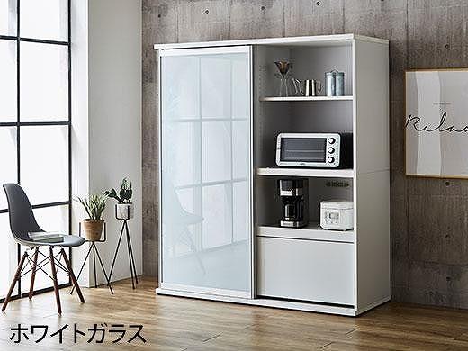 【開梱設置】引き戸 食器棚 レンジボード ポエム 幅153.5 （ホワイトガラス／ホワイト）キッチン収納 大川家具 家具