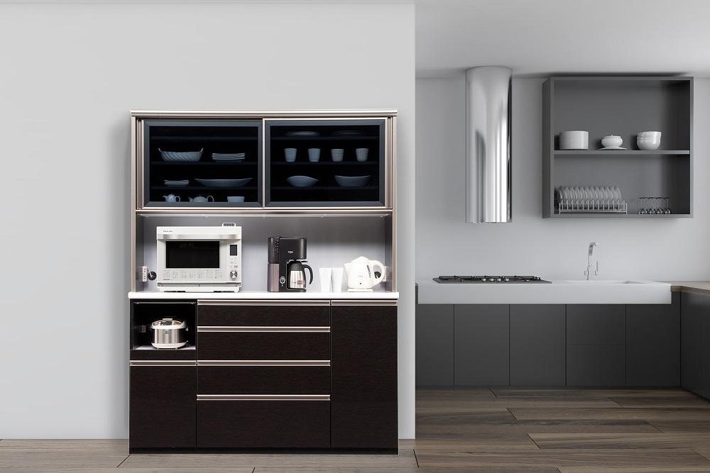 （ブラック木目）【開梱設置/受注製作】 ネオ キッチンボード 幅160cm 耐震 引き戸 食器棚 オープンボード 完成品 カップボード ダイニングボード 160幅 大川家具