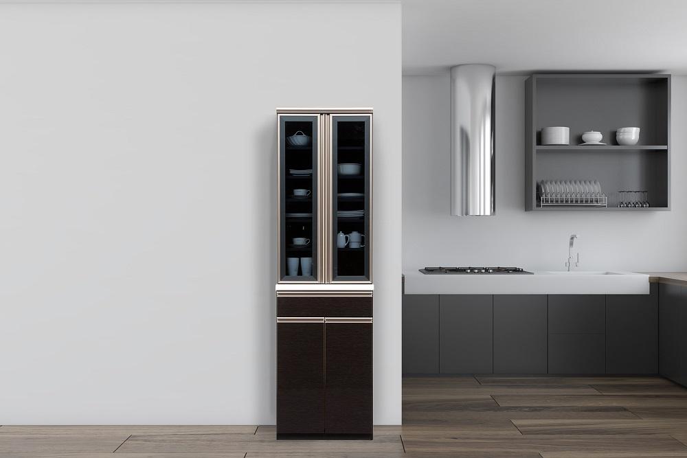 （ブラック木目）【開梱設置/受注製作】 ネオ ハイタイプ 食器棚 幅60cm 食器棚 完成品 ダイニングボード スリム 大川家具 キッチンボード