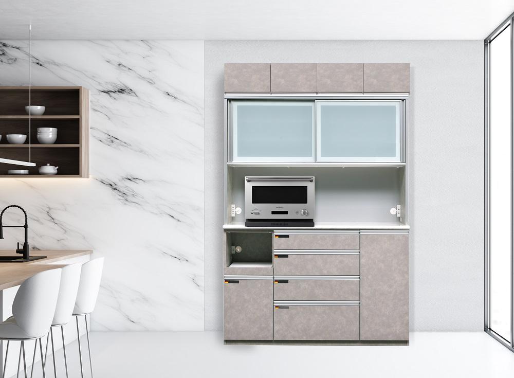 （ムラミグレー）【開梱設置】 オッド キッチンボード 幅150cm 上置き付 耐震 引き戸 食器棚 オープンボード 完成品 カップボード ダイニングボード 150幅 大川家具