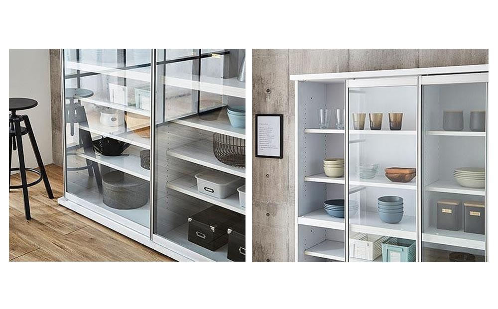 【開梱設置】引き戸 食器棚 ダイニングボード ポエム 幅153.5 （ミスト・クリア・スモークガラス／ホワイト）キッチン収納 大川家具 家具