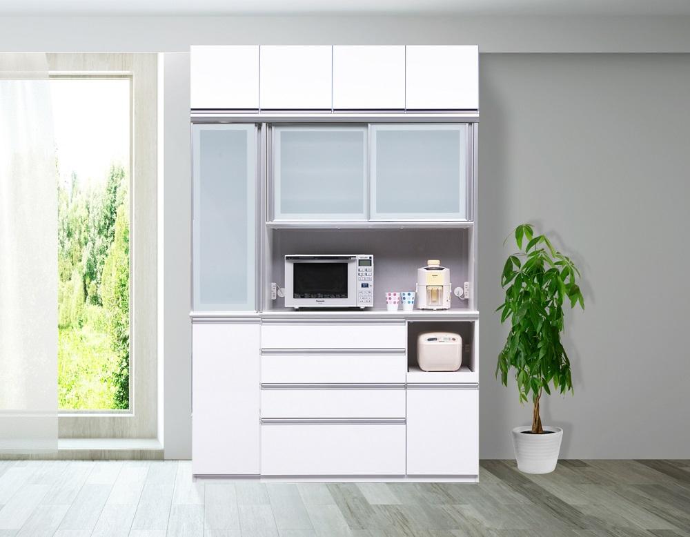 （ホワイト柾目）【開梱設置】 レガシー キッチンボード 幅150cm 上置付 耐震 食器棚 モイス オープンボード 引き戸 完成品 ダイニングボード キッチン収納 大川家具