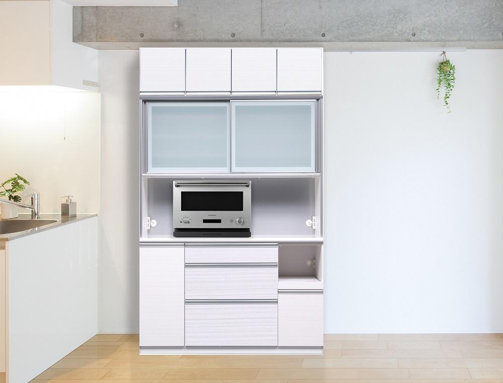 （ホワイト柾目）【開梱設置】 クロノス キッチンボード 上置き付 幅140cm キッチンボード 引き戸 食器棚 オープンボード 完成品 カップボード ダイニングボード 140幅 大川家具