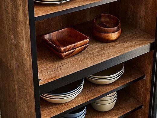 【開梱設置】引き戸 食器棚 レンジボード ポエム 幅133.5 （ホワイトガラス／レディオーク）キッチン収納 大川家具 家具