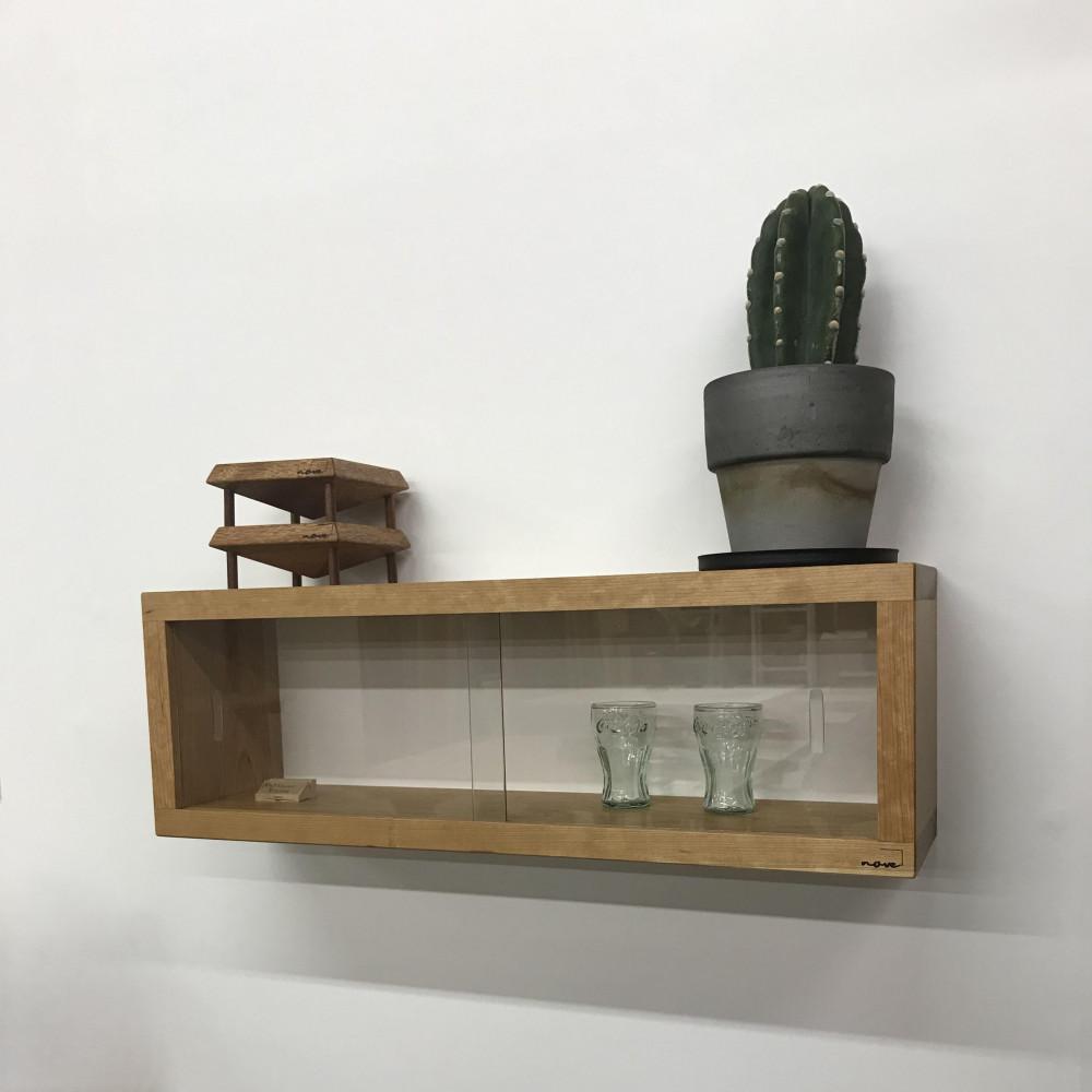 【ボックスシェルフ：壁に取り付ける(引っ掛ける)家具 ガラスの引き戸】棚 シェルフ ウォールシェルフ ラック ウォールラック カップボード 食器棚 チェリー ガラス 引き戸 壁掛け 壁掛け収納 石膏ボード 賃貸 どこでも nove