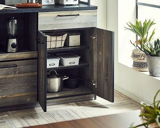 【開梱設置】食器棚 レンジ台 アイン 上台引き戸タイプ 幅119.7cm ブルックリン キッチンボード キッチン収納 おしゃれ 家具 大川家具 幅120cm 収納家具 棚 アイアンフレーム