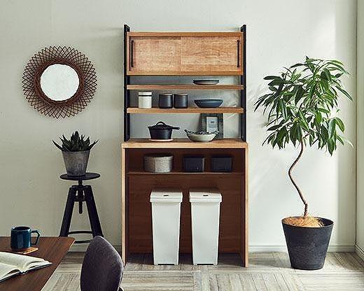 【開梱設置】食器棚 レンジ台 アイン 上台引き戸タイプ 幅89.7cm レディオーク キッチンボード ゴミ箱収納 ダスト収納 キッチン収納 おしゃれ 大川家具 幅90cm 収納家具 アイアンフレーム