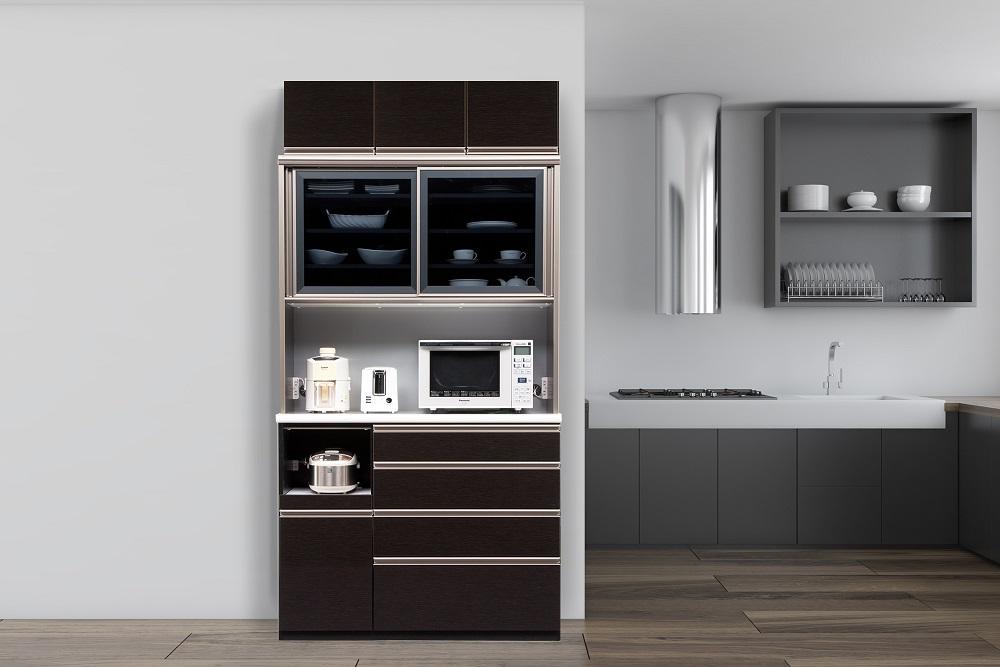 （ブラック木目）【開梱設置/受注製作】 ネオ キッチンボード 幅120cm 上置き付き 耐震 引き戸 食器棚 オープンボード 完成品 カップボード ダイニングボード 120幅 大川家具