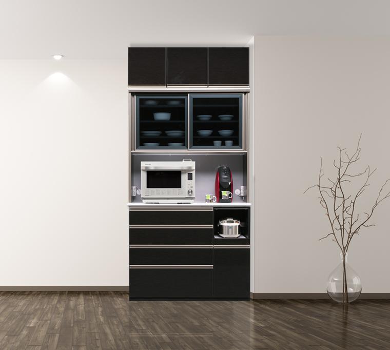 （ブラック木目）【開梱設置/受注製作】 レガシー キッチンボード 幅120cm 上置付 耐震 引き戸 食器棚 モイス キッチンボード 完成品 オープンボード レンジボード 120幅 国産 大川家具