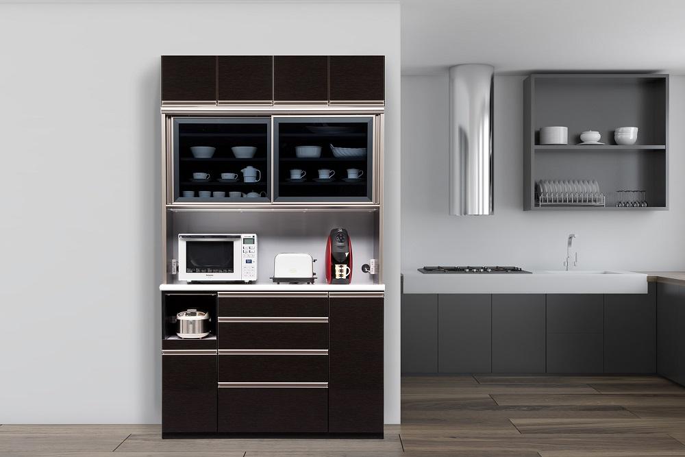 （ブラック木目）【開梱設置/受注製作】 ネオ キッチンボード 幅140cm 上置き付き 耐震 引き戸 食器棚 オープンボード 完成品 カップボード ダイニングボード 140幅 大川家具