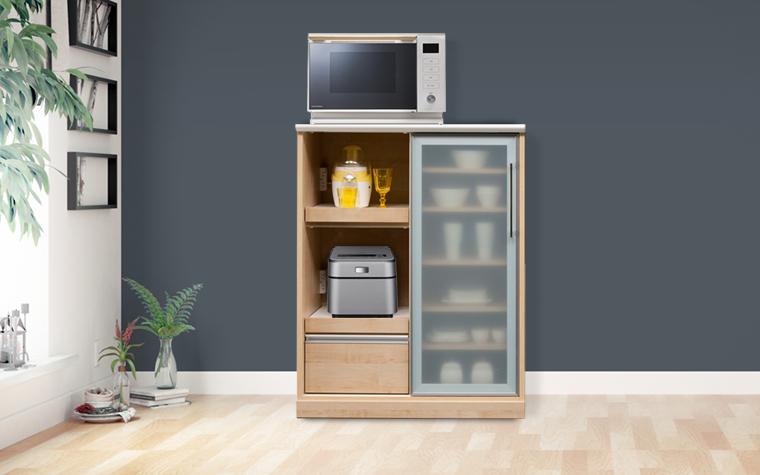 （ナチュラル）【開梱設置】 スパーク キッチンカウンター 幅90cm キッチン収納 レンジ台 完成品 大型レンジ対応 完成品幅 スライド 大川家具