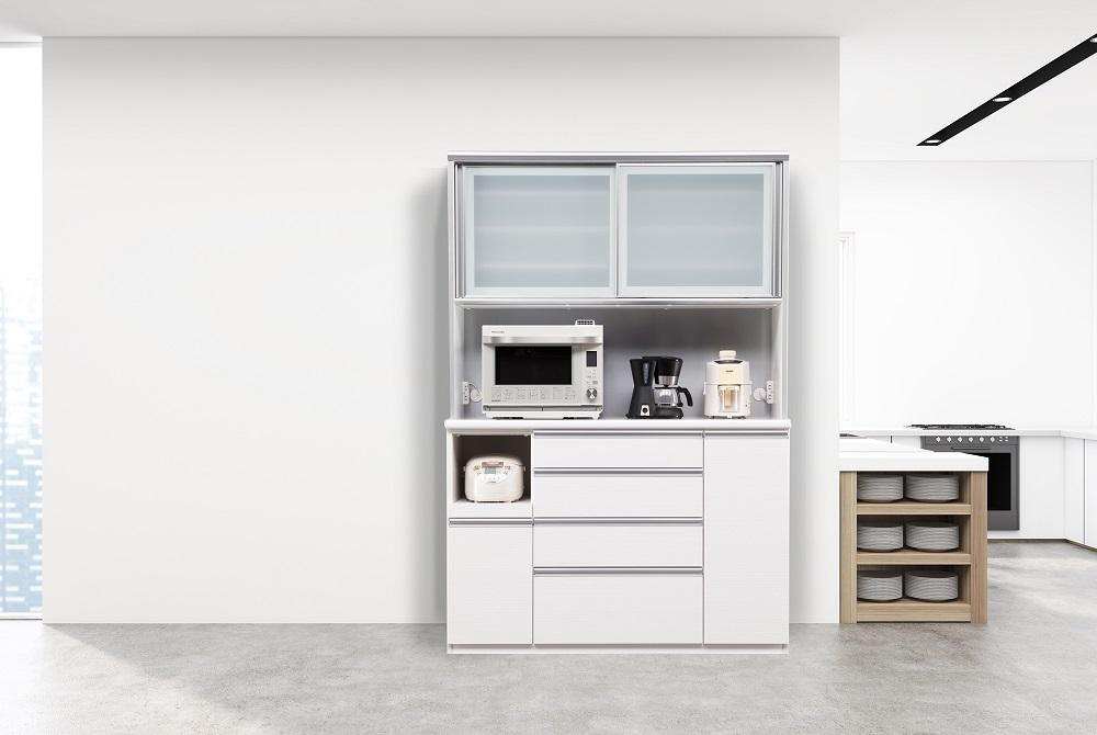 （ホワイト柾目）【開梱設置/受注製作】 ネオ キッチンボード 幅140cm 耐震 引き戸 食器棚 オープンボード 完成品 カップボード ダイニングボード 140幅 大川家具