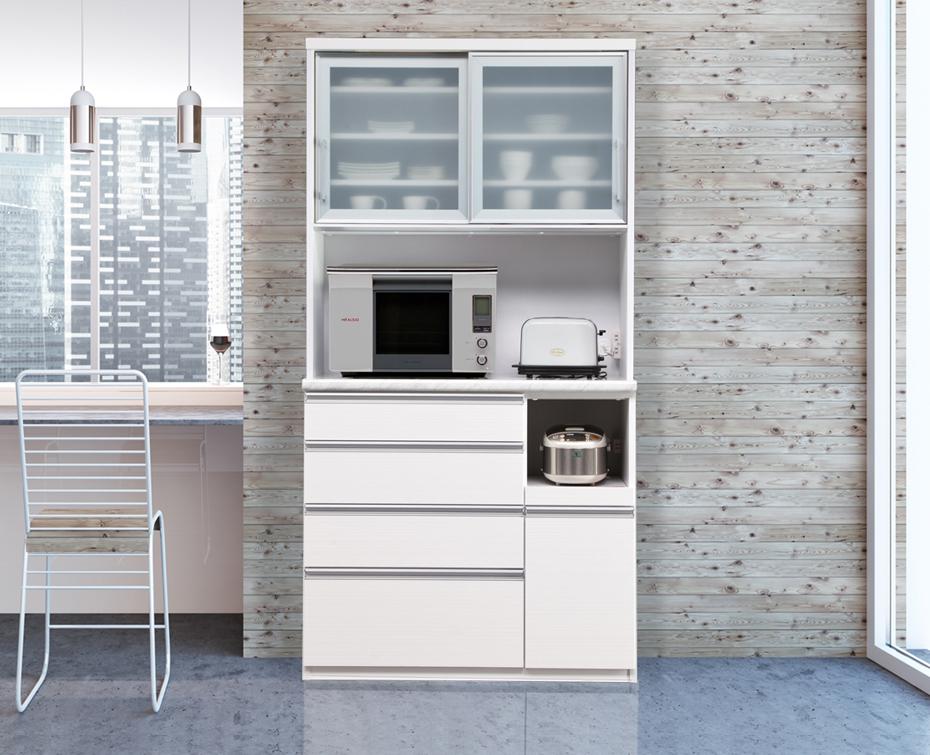 （ホワイト柾目）【開梱設置】 ルシエル レンジボード 幅105cm 大理石調 食器棚 引き戸 キッチンボード レンジ台 完成品 スリム ダイニングボード 大川家具 日本製