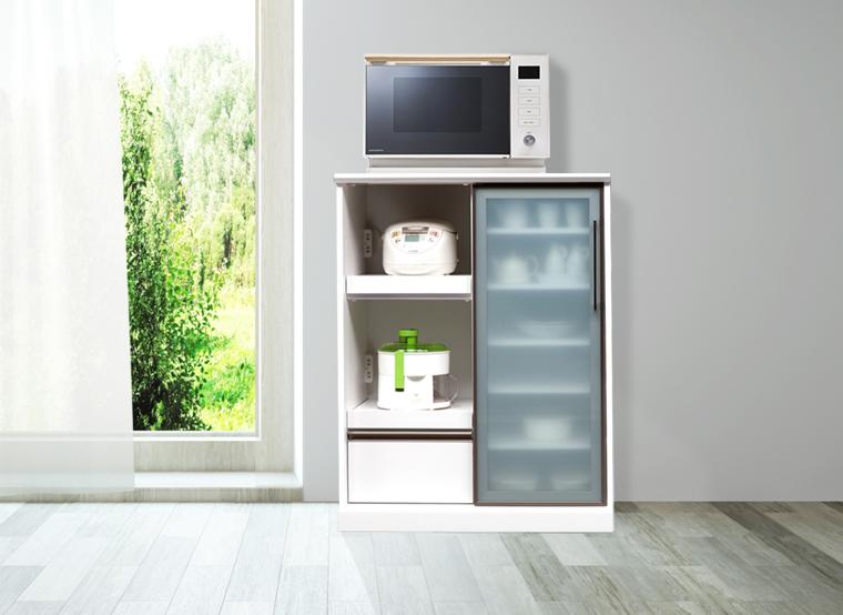 （ホワイト木目）【開梱設置】 リコ キッチンカウンター 幅90cm キッチンカウンター レンジ台 完成品 大型レンジ対応 スライド 大川家具