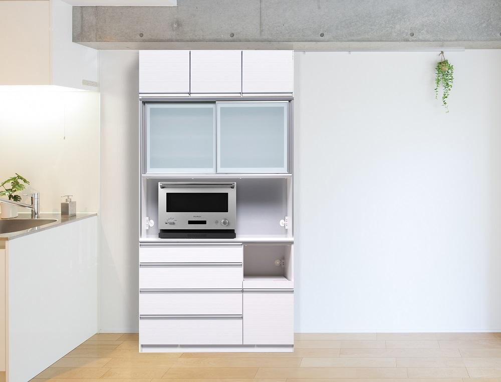 （ホワイト柾目）【開梱設置】 クロノス キッチンボード 上置き付 幅120cm キッチンボード 引き戸 食器棚 オープンボード 完成品 カップボード ダイニングボード 120幅 大川家具