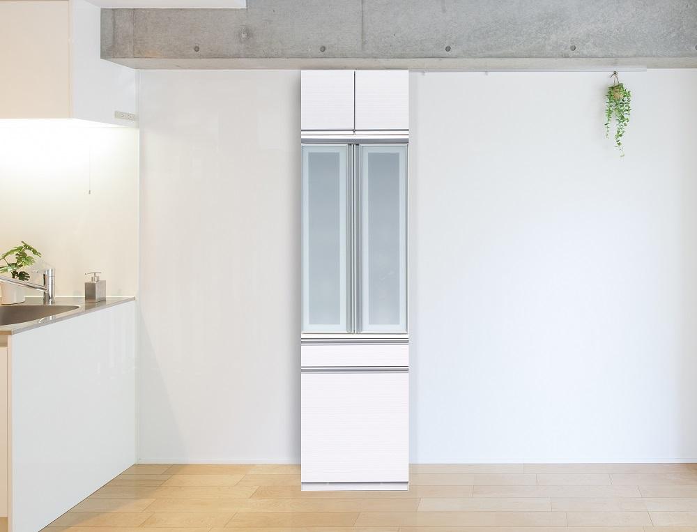 （ホワイト柾目）【開梱設置】 クロノス 食器棚 上置き付 幅60cm ダイニングボード 完成品 キッチン収納 スリム  大川家具 キッチンボード