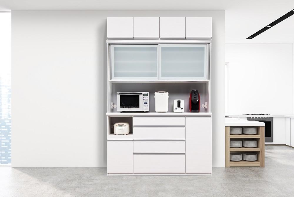 （ホワイト柾目）【開梱設置/受注製作】 ネオ キッチンボード 幅160cm 上置き付き 耐震 引き戸 食器棚 オープンボード 完成品 カップボード ダイニングボード 160幅 大川家具