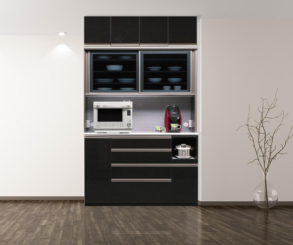 （ブラック木目）【開梱設置/受注製作】 レガシー キッチンボード 幅140cm 上置付 耐震 引き戸 食器棚 モイス キッチンボード 完成品 オープンボード レンジボード 140幅 国産 大川家具