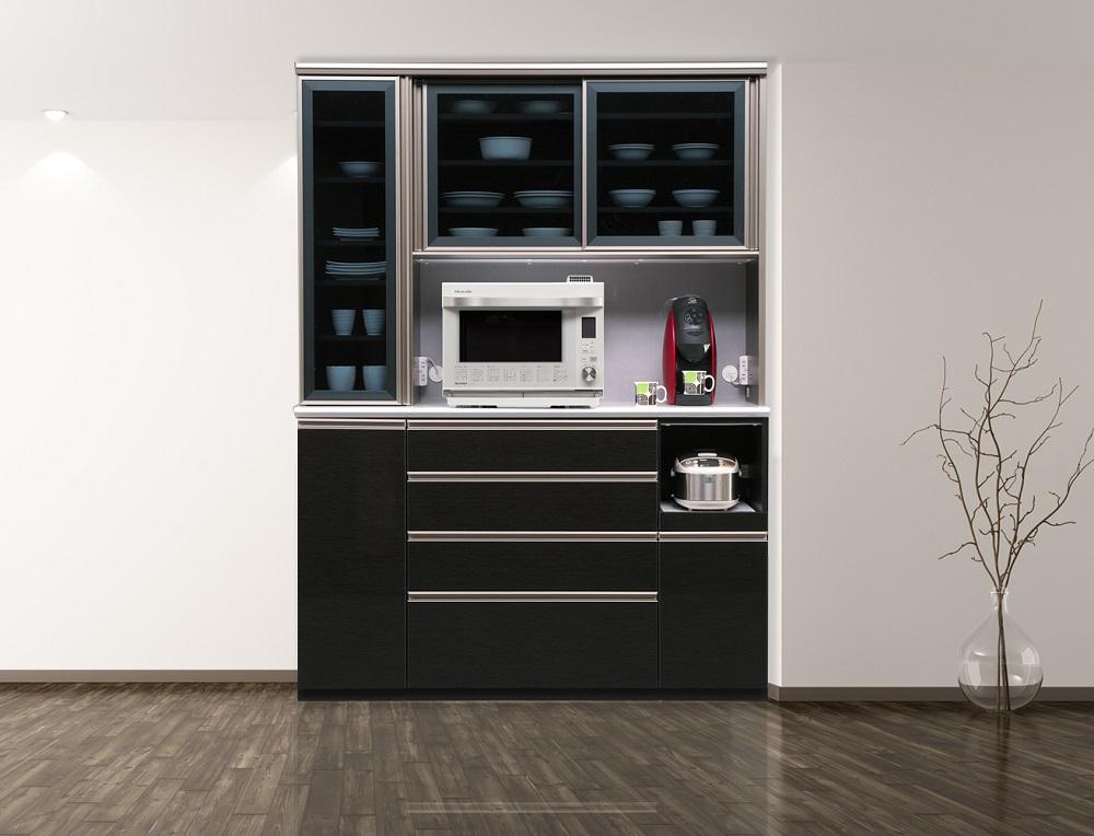 （ブラック木目）【開梱設置】 レガシー キッチンボード 幅150cm 耐震 食器棚 モイス オープンボード 引き戸 完成品 ダイニングボード キッチン収納 大川家具