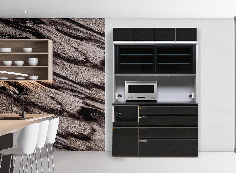 （ブラック木目）【開梱設置】 オッド キッチンボード 幅150cm 上置き付 耐震 引き戸 食器棚 オープンボード 完成品 カップボード ダイニングボード 150幅 大川家具