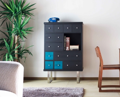 【MODERNA 78チェスト（H-1）】★職人の手で一つずつ微調整しながら組み上げたチェスト。ブラック染色の本体に、日本古来の伝統色をアクセントカラーとして変化をつけた和モダンインテリア