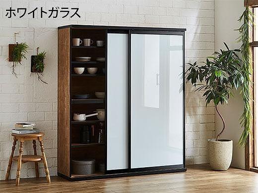【開梱設置】引き戸 食器棚 ダイニングボード ポエム 幅153.5 （ホワイトガラス／レディオーク）キッチン収納 大川家具 家具