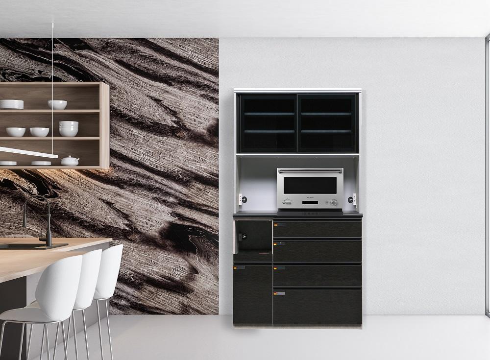 （ブラック木目）【開梱設置】 オッド キッチンボード 幅110cm 耐震 引き戸 食器棚 オープンボード 完成品 カップボード ダイニングボード 110幅 大川家具