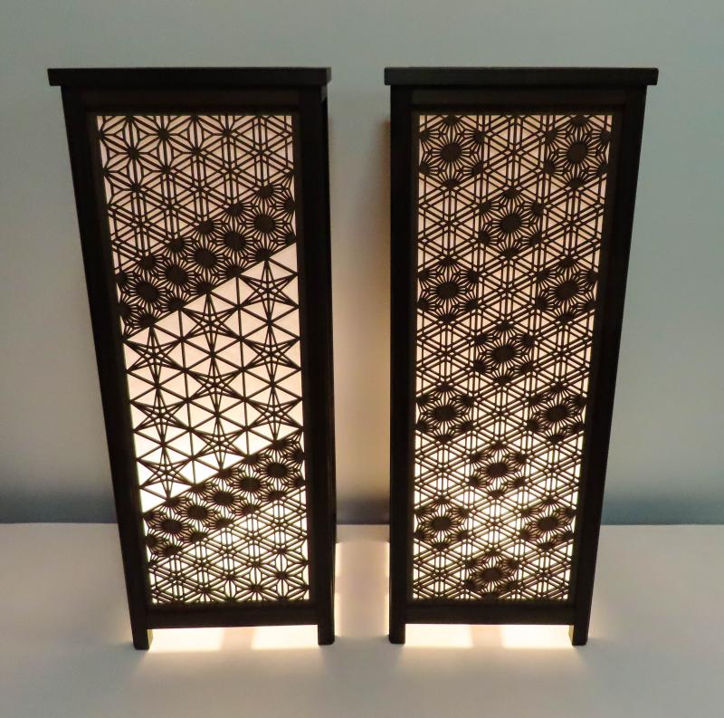 レーザー行灯「趣」Lサイズ 八重麻の葉 胡麻幹 組子デザイン 和紙貼り 高さ65cm LED電球付