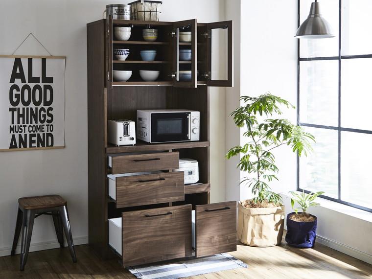 （ブラウン）【開梱設置】 紗々 キッチンボード 幅90cm レンジボード レンジ台 完成品 カップボード キッチン収納 90幅 国産 大川家具 日本製