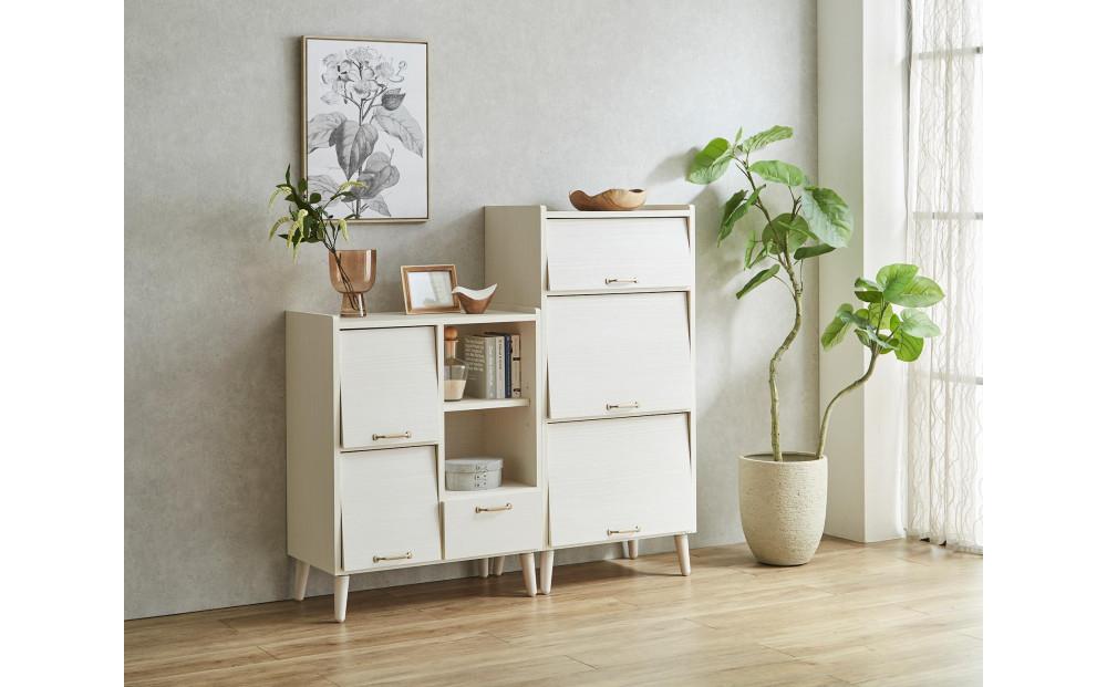 脚14cmお掃除楽々！チェスト 北欧 完成品 大容量 タンス 3段 幅60cm 高さ60 奥行40 高さ126cm 整理棚 洋服 本 book ブック タンス たんす 日本製 国産 お掃除ロボット可 高品質 引き出し 小物 見せる棚 living リビング アンティーク 完成品 おしゃれ 木製 収納 脚付き 家具 インテリア 大川 大川家具 W60-3 フラップキャビネット WH ホワイト色