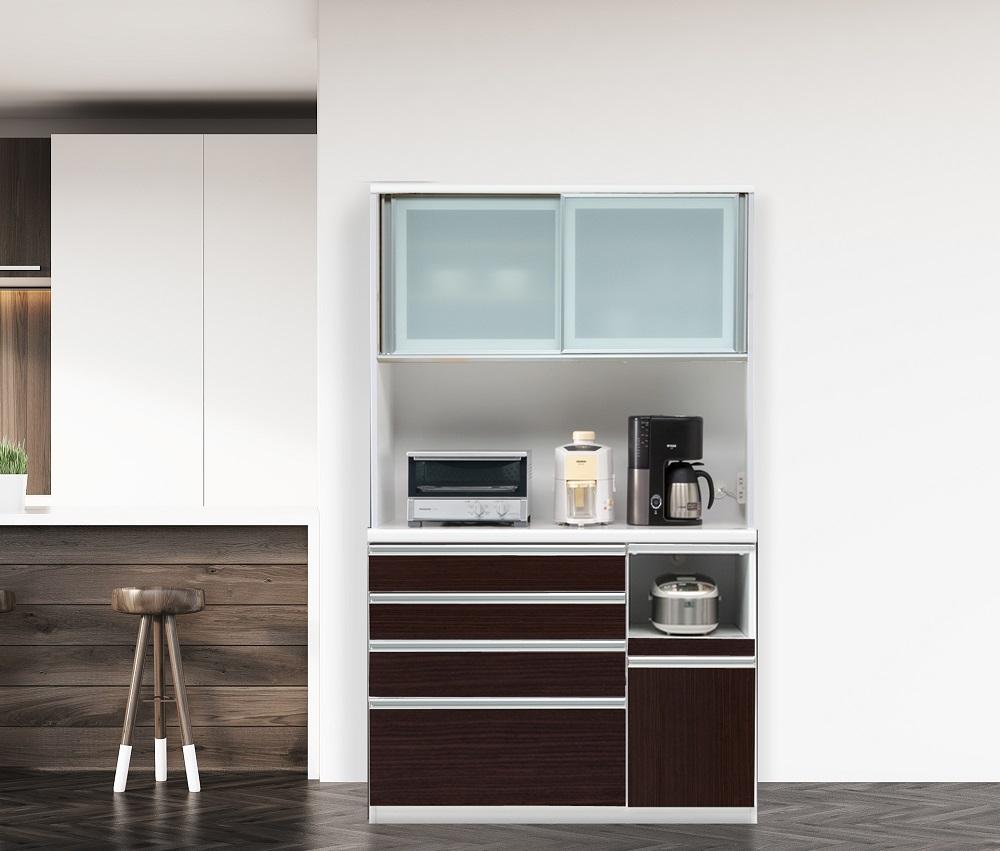 (ブラウン)【開梱設置】サフラン キッチンボード 幅120cm キッチンボード 引き戸 食器棚 オープンボード 完成品 カップボード ダイニングボード 120幅 大川家具