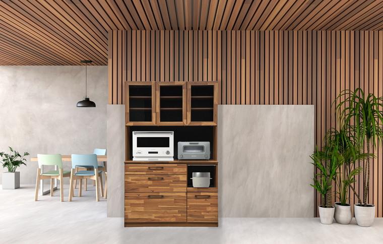 ※受付終了※【開梱設置】 カカオ キッチンボード 幅120cm レンジボード レンジ台 完成品 カップボード キッチン収納 120幅 国産 大川家具 日本製 寄木風