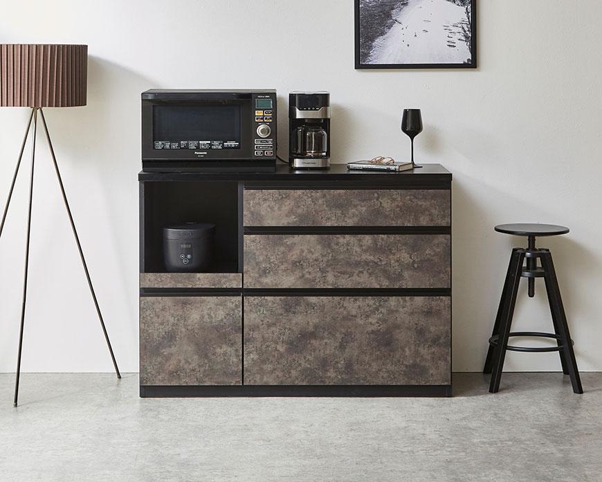 【開梱設置】キッチンカウンター レンジ台 アンサンブル 幅119.7cm 黒洛