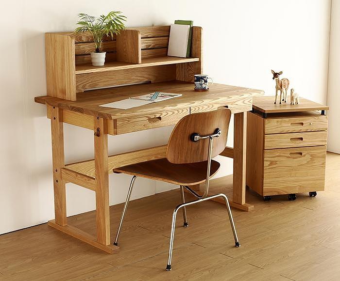 大川家具 ファイン 110cm デスクセット(デスク本体、本立、ワゴン) ブラックアッシュ(タモ) 野中木工所