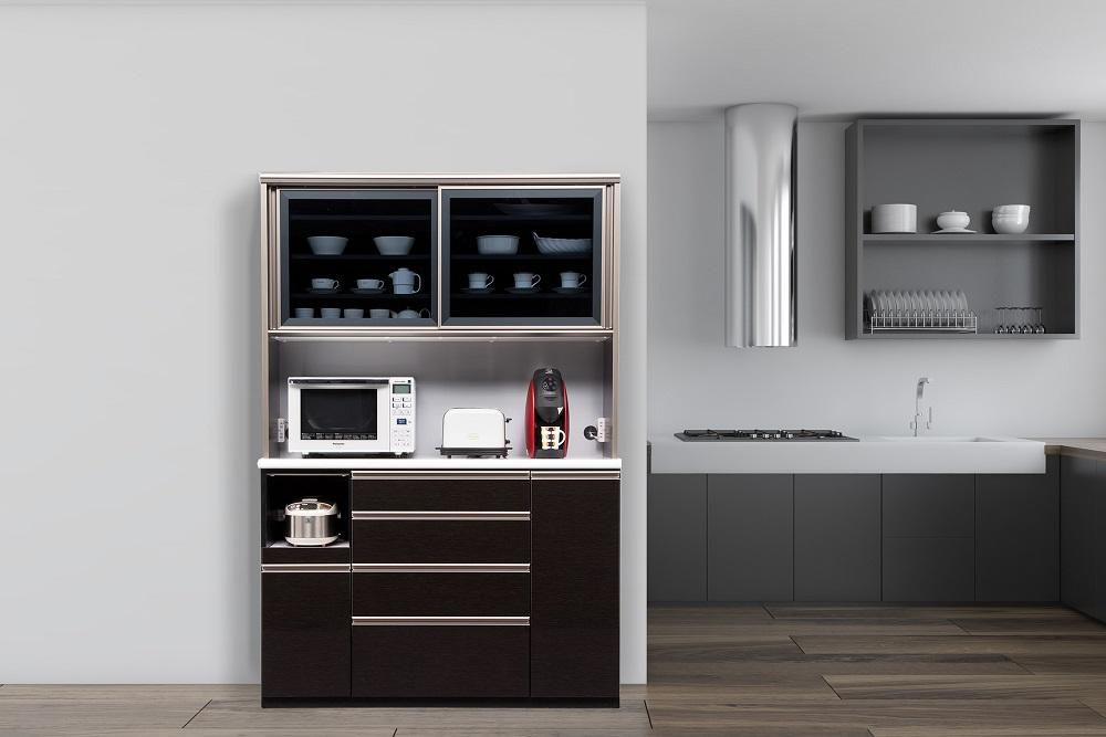 （ブラック木目）【開梱設置/受注製作】 ネオ キッチンボード 幅140cm 耐震 引き戸 食器棚 オープンボード 完成品 カップボード ダイニングボード 140幅 大川家具